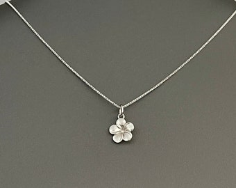 Sterling Silver Dainty Small Satin Plumeria Necklace, Flower Necklace, Boho Necklace, Silver Necklace, Hawaii Necklace