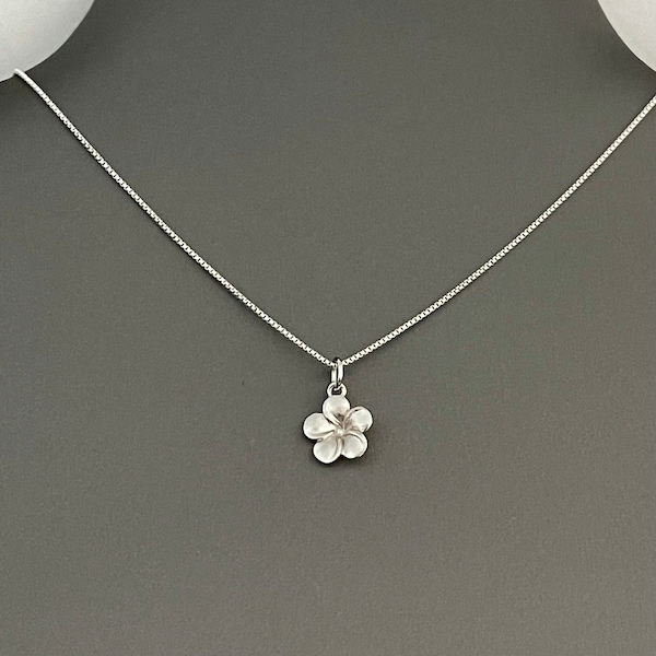 Sterling Silver Dainty Small Satin Plumeria Necklace, Flower Necklace, Boho Necklace, Silver Necklace, Hawaii Necklace