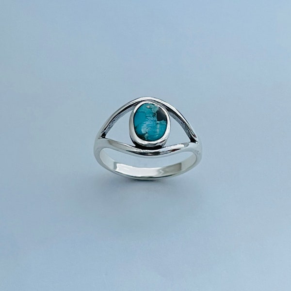 Sterling Silver Big Blue Eye Genuine Turquoise Ring, All Seeing Eye Ring, Silver Ring, Stone Ring, Turquoise Ring