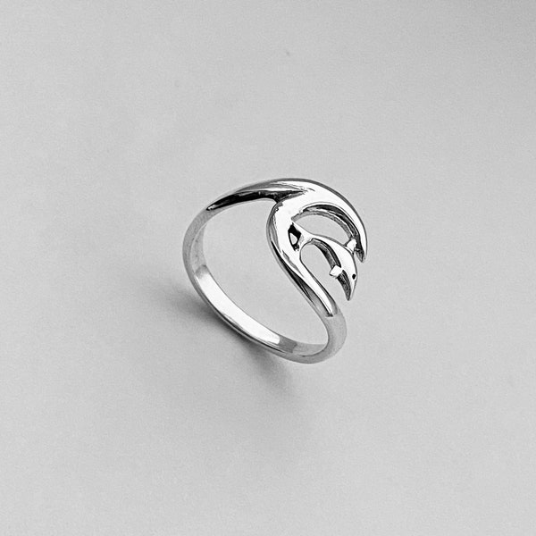 Sterling Silver Dolphin with Wave Ring, Silver Ring, Ocean Ring, Beach Ring, Dolphin Ring