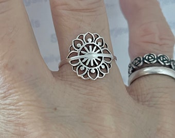 Sterling Silver Thin Mandala Sun Ring, Flower Ring, Silver Ring, Lotus Ring, Boho Ring