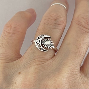 Sterling Silver Filigree Crescent Moon and Sun Ring, Silver Ring, Celestial Ring, Moon Ring, Sunflower Ring