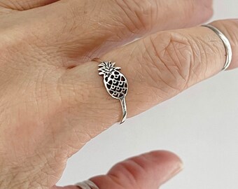 Sterling Silver Dainty Sideway Pineapple Ring, Silver Ring, Fruit Ring, Boho Ring, Tree Ring