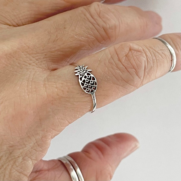 Sterling Silver Dainty Sideway Pineapple Ring, Silver Ring, Fruit Ring, Boho Ring, Tree Ring