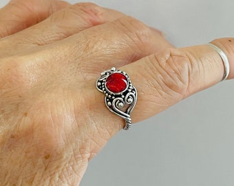 Sterling Silver Red Coral Ring with Hearts and Braided Band, Boho Ring, Silver Ring, Stone Ring