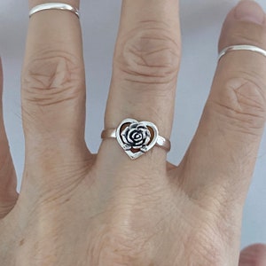 Sterling Silver Heart with Rose Ring, Silver Ring, Flower Ring, Heart Ring, Dainty Ring