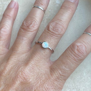 Sterling Silver Small Round Dainty White Lab Opal Ring, Silver Ring, Opal Ring, Wedding Ring
