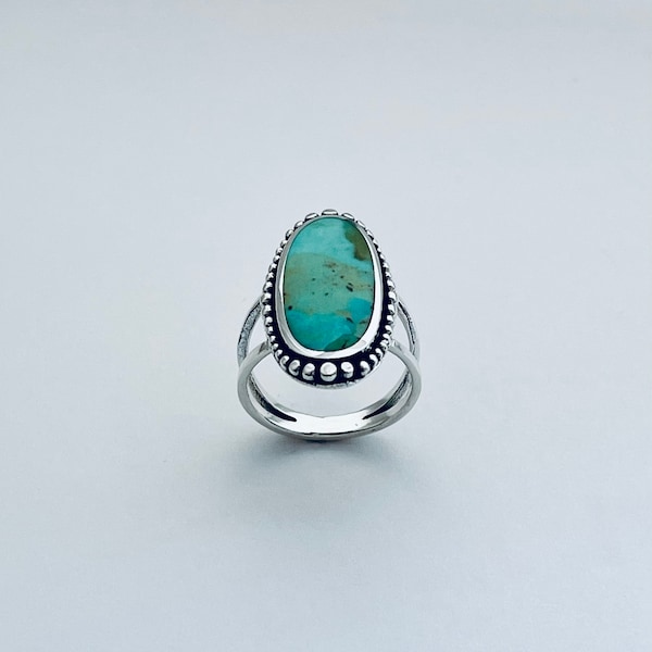 Sterling Silver Beads and Large Genuine Turquoise Ring with Shank Band, Boho Ring, Silver Ring, Statement Ring, Bead Ring
