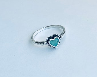 Sterling Silver Braid Heart Genuine Turquoise Ring, Boho Ring, Silver Ring, Heart Ring