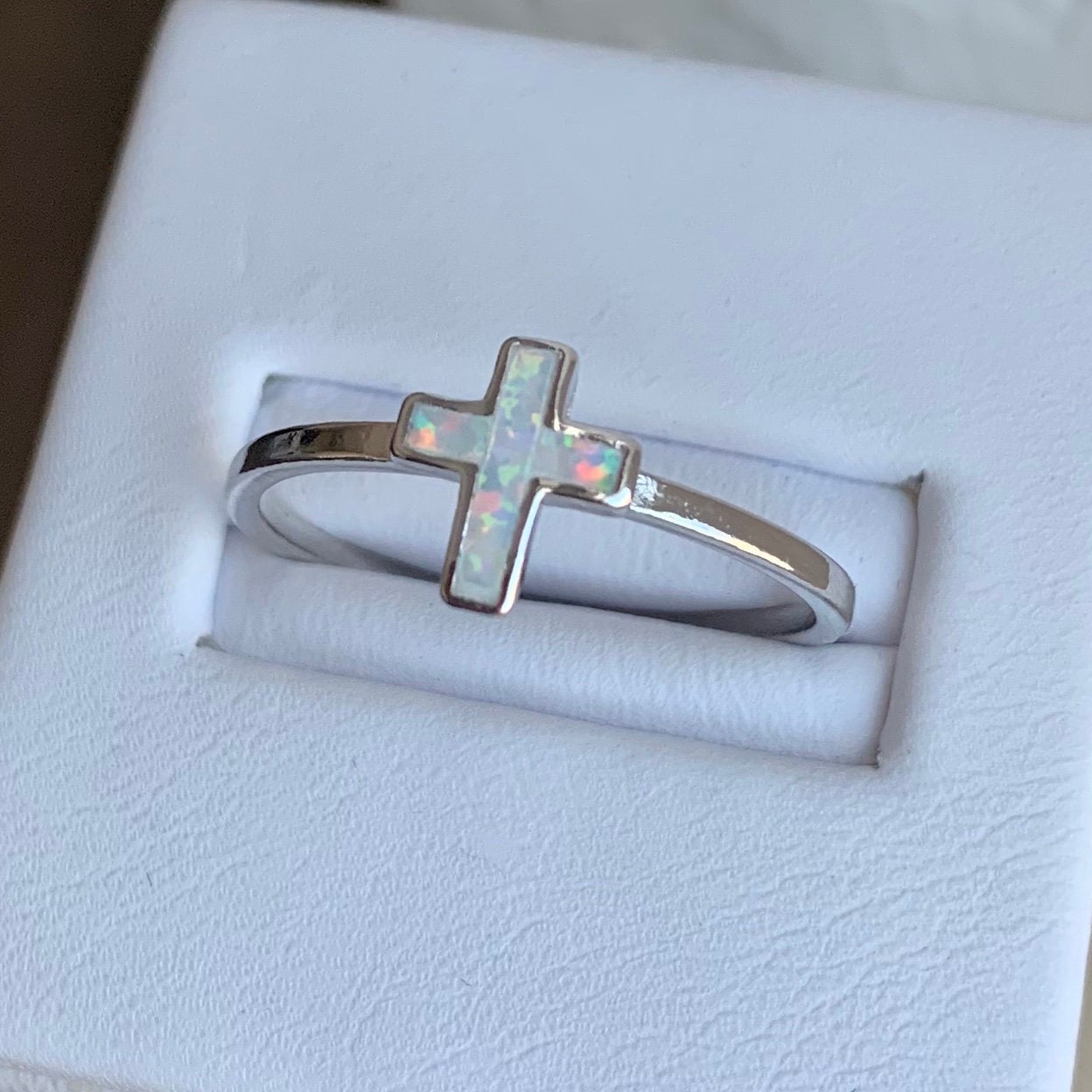 Sterling Silver White Lab Opal Cross Ring Silver Ring Opal Ring