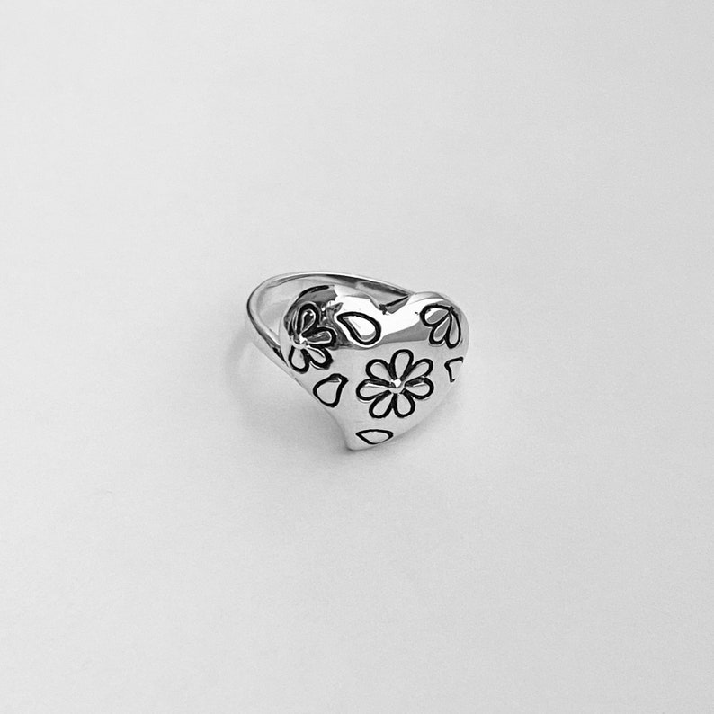 Silver Ring Sterling Silver Daisy Puffy Heart Ring Love Ring Flower Ring