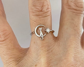 Sterling Silver Cat on Moon and Twinkle Star Ring, Delicate Ring, Crescent Moon Ring, Cat Ring, Kids Ring