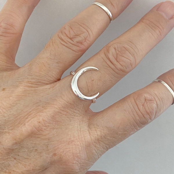 Sterling Silver Large Crescent Moon Rope Band Ring, Boho Ring, Moon Ring, Rope Ring