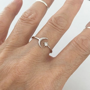 Sterling Silver Delicate Crescent Moon and Twinkle Star Ring, Dainty Ring, Moon Ring, Star Ring, Silver Ring