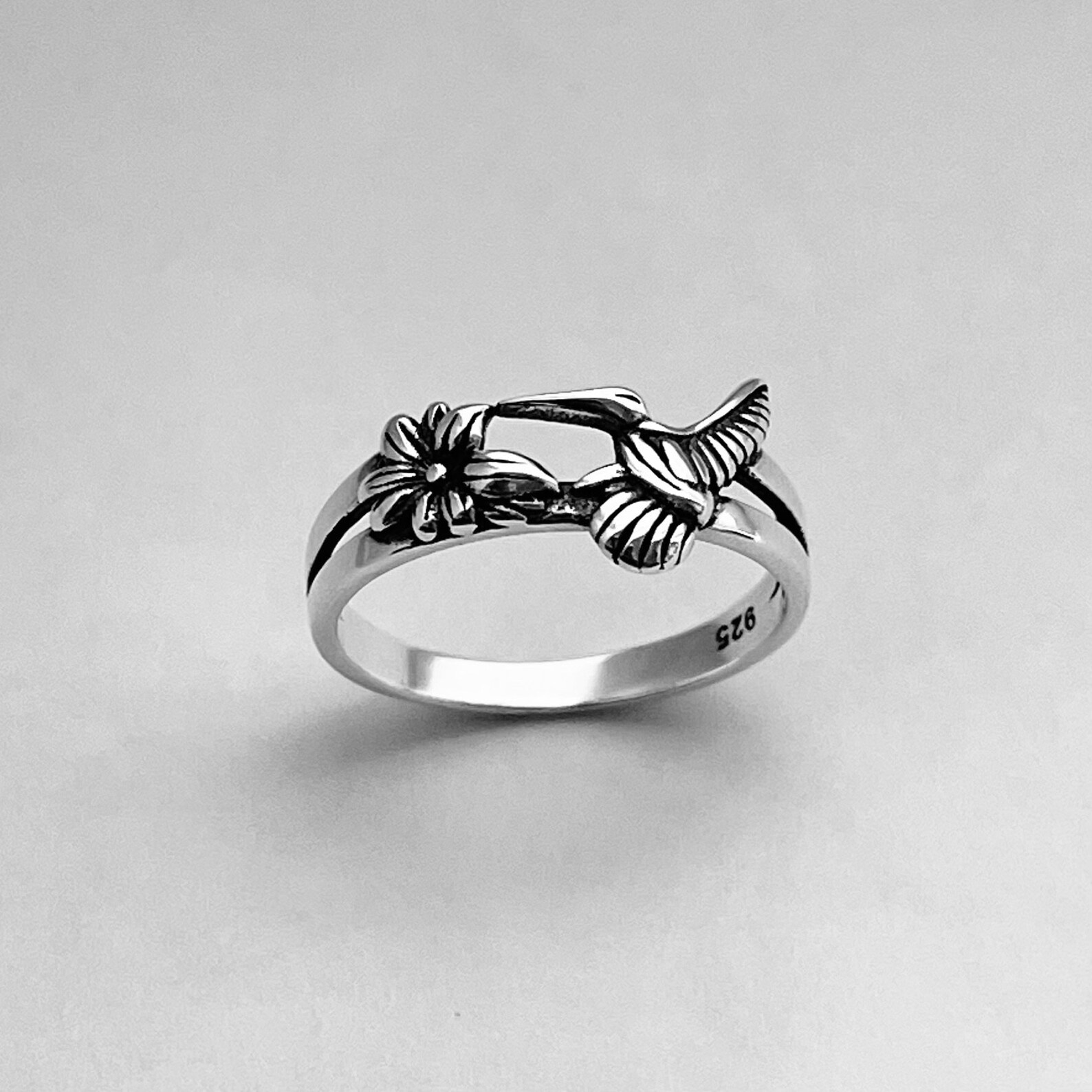 Sterling Silver Flower and Hummingbird Ring Silver Ring Etsy