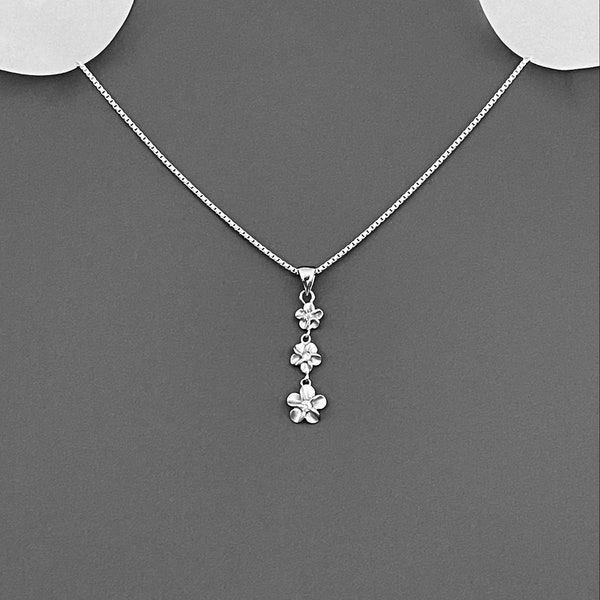 Sterling Silver Small Satin Triple Plumeria CZ Necklace, Flower Necklace, Boho Necklace, Silver Necklace, Hawaii Necklace