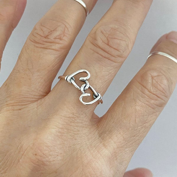 Sterling Silver Knot Hearts Ring, Boho Ring, Heart Ring, Silver Ring, Love Ring