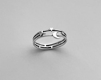 Sterling Silver Dainty Little Moon and Star Ring, Boho Ring, Moon Ring, Star Ring, Silver Ring