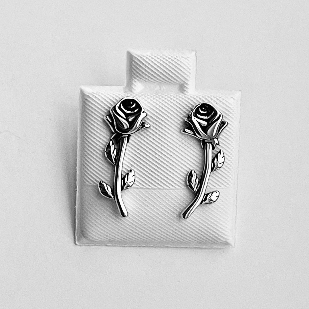 Sterling Silver Single Rose Earrings With Leaf Branch, Silver Earring