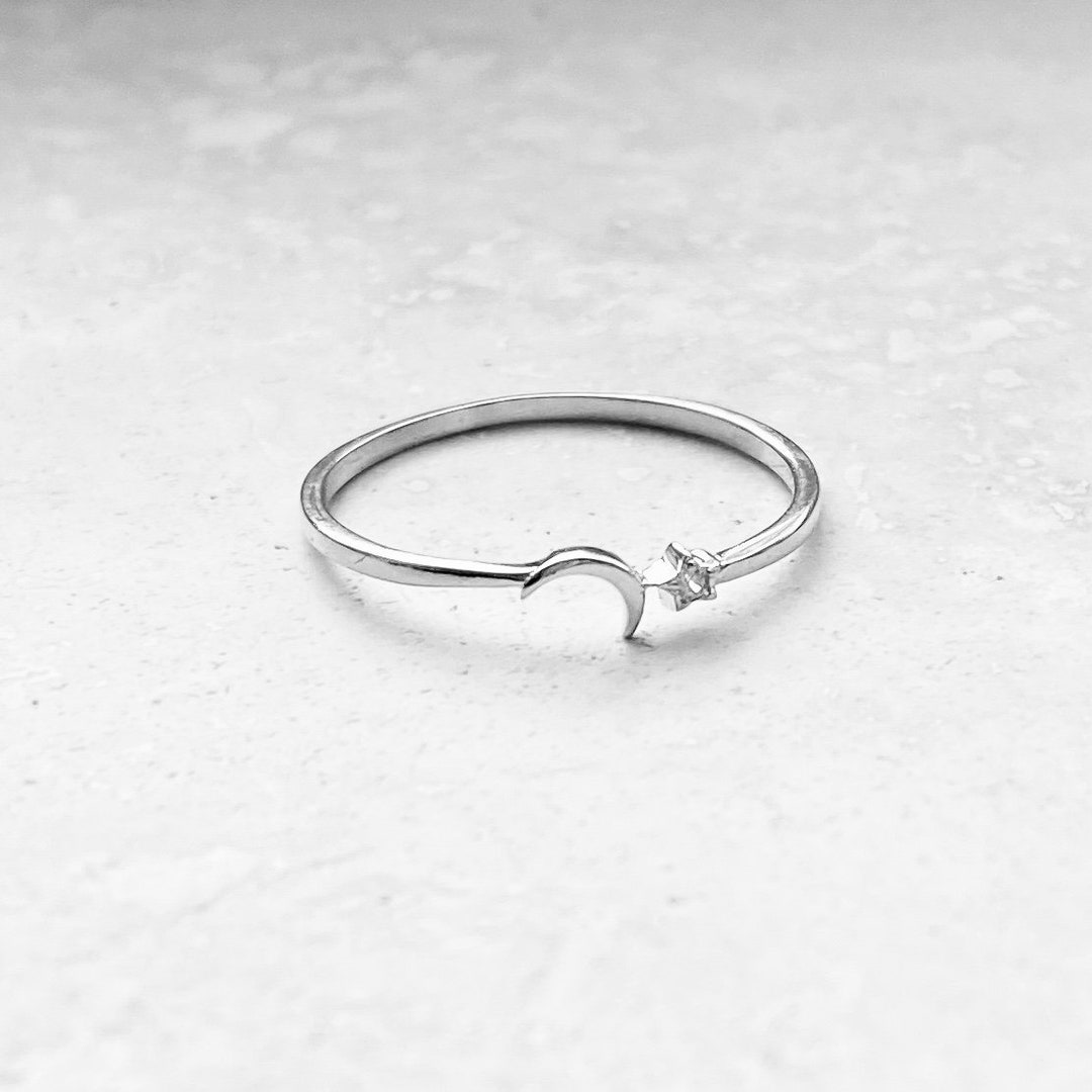 Sterling Silver Tiny Moon and Tiny CZ Star Ring Dainty Ring - Etsy