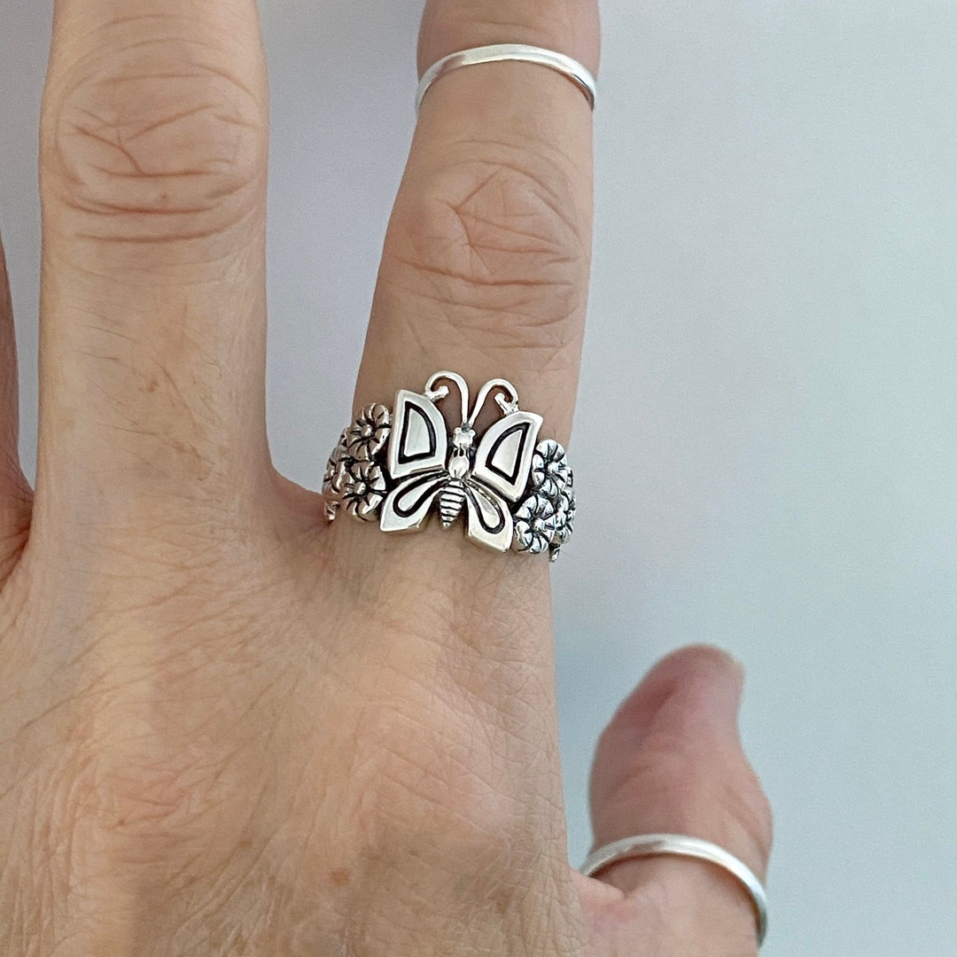 Sterling Silver Butterfly and Flower Ring Silver Ring Boho Etsy