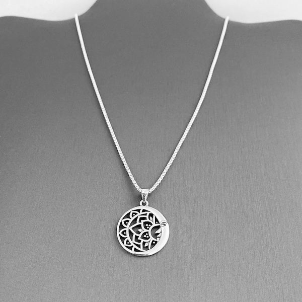Sterling Silver Mandala and Face Moon Necklace, Boho Necklace, Mandala Necklace, Flower Necklace