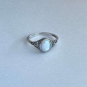 Sterling Silver Solitaire White Lab Opal Ring with Swirly,  Silver Ring, Opal Ring, Wedding Ring