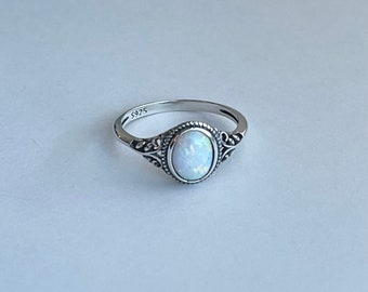 Sterling Silver Solitaire White Lab Opal Ring with Swirly,  Silver Ring, Opal Ring, Wedding Ring