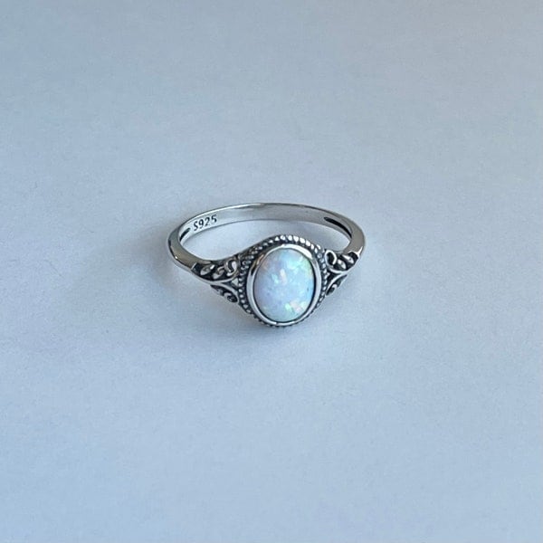 Sterling Silver Solitaire White Lab Opal Ring with Swirly,  Silver Ring, Opal Ring, Wedding Ring