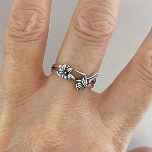 Sterling Silver Flower and Hummingbird Ring, Silver Ring, Spirit Animal Ring, Bird Ring