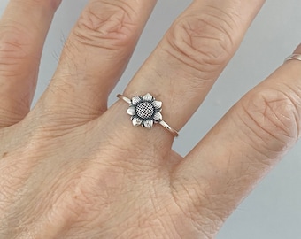 Sterling Silver Sunflower Ring, Dainty Ring, Boho Ring, Flower Ring