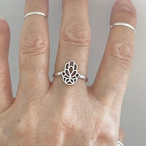 Sterling Silver Lotus Hamsa Ring, Flower Ring, Dainty Ring, Hand Ring, Religious Ring