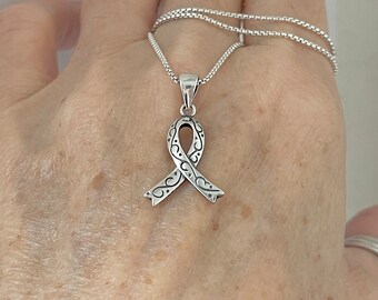 Sterling Silver Breast Cancer Sign Necklace, Ribbon Necklaces, Silver Necklace, Hope Necklace, Survivor Sign Necklace