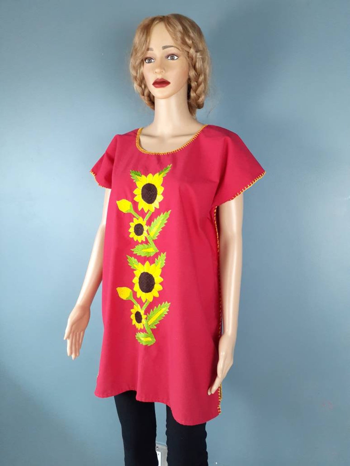 Girasol Red Huipil Red Tunic Blouse Sunflowers hand | Etsy