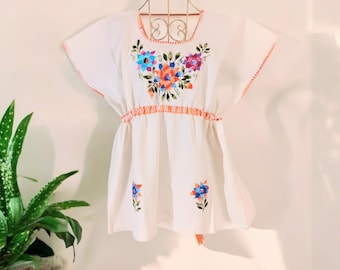 Hand Embroidered Blouse Huipil Orange Ribbon