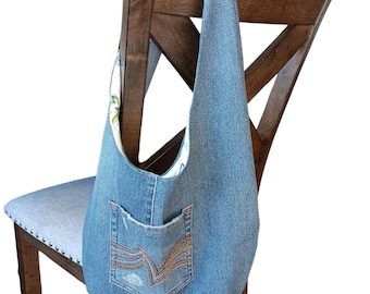 Reversible Upcycled Denim & Blue Rose Boho Hobo Bag