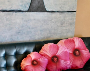Pink Hibiscus Flower Pillow: Tropical Floral Cotton Cushion, Made in USA