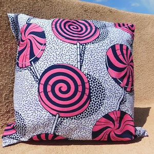 Pink Lollypops Pillow Cover - African Fabric Throw Pillow Cover - Authentic Vlisco Wax Block Fabric - Large Spiral Lollypop Object Print