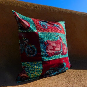 Scooter and Motorbike Design Print Pillow Cover - Pagne Wax Block Throw Pillow Cover -Authentic Vlisco Fabric Pillow cover -Ankara Aqua Blue