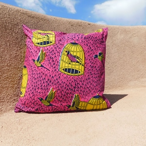 Pink and Yellow Bird Pillow Cover -Birds - Pagne Throw Pillow Cover - Authentic Vlisco Cotton Fabric Pillow cover - Bird Leaving Cage Design