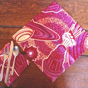 Servilletas de tela con estampado de planetas y naves espaciales: algodón con estampado de cera Vlisco, juego de 2