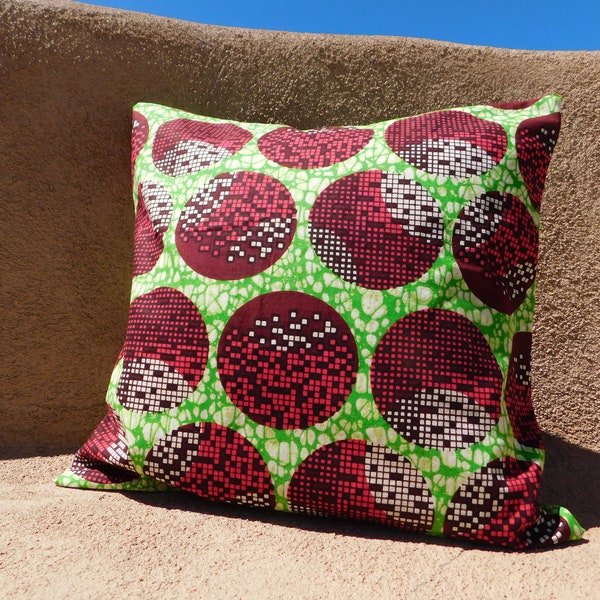 Wine and Green Pillow Cover - Bright Green with Wine Red Spheres Design Ankara Wax Throw Pillow Cover - Authentic Vlisco Fabric Pillow cover