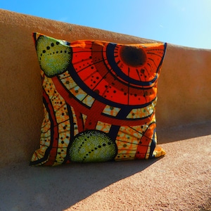 Orange & Lime Pillow Cover - Bright Orange w Lemon Lime Spheres Design Vibrant Throw Pillow Cover - Authentic Vlisco Wax Block Pillow cover