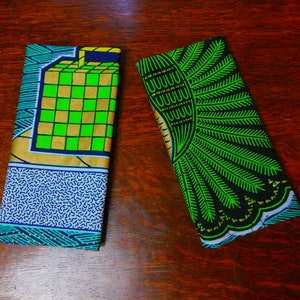 Aqua, lIme, and Gold Cloth Napkins - Beautiful Iconic Vlisco Design Gallery - Suitcase and Shell Design - Ankara Wax Block Print Design