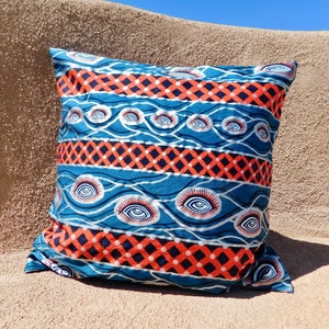 Eye Design Pillow Cover - Wax Block Print Pillow Cover -Cotton Throw Pillow Cover -Authentic Vlisco Fabric -Dusty Blue, Salmon Pink & Silver
