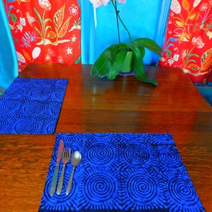Blue African Indigo Adire Cloth Placemats - Blue Spiral Design - Nigerian Wax Block Print Fabric  -Adire Cloth Placemats - Set of Two