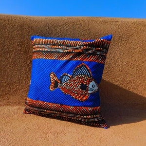Fish Print Wax Block Pillow Cover - Pagne Throw Pillow Cover - Authentic Vlisco Cotton Pillow cover - Orange and Blue Fish Ankara Design