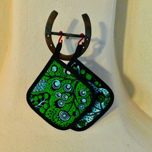 Green & Blue Pot Holders - Stylized Trees Green and Blue Ankara Cotton Hot Pads - African Fabric - Vlisco Wax Block Cotton -Set of Two