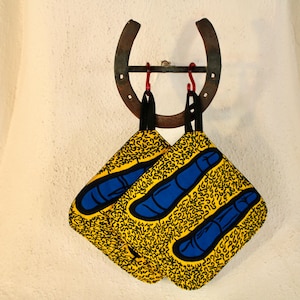 Blue Finger Design Hot Pads - Wax Block Object Print Kitchen Pot Holder - African Fabric Vlisco Wax Block Cotton Blue & Yellow - Set of Two