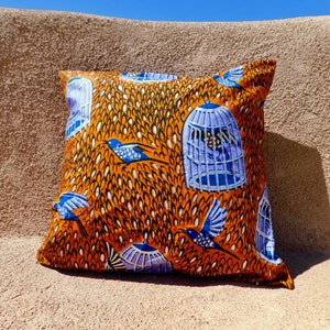 Orange and Lavender Bird Pillow Cover - Birds - Pagne Throw Pillow Cover - Authentic Vlisco Fabric Pillow cover - Bird Leaving Cage Design